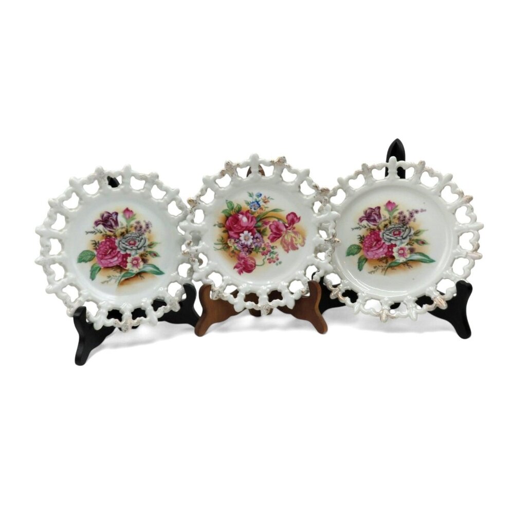 ESD Japan Reticulated Floral Ceramic Plate Set of 3 Vintage 8"